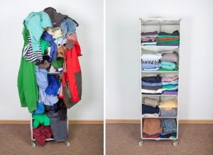 Before untidy and after tidy wardrobe with colorful clothes and accessories. Messy clothes thrown on a shelf and nicely arranged clothes in piles