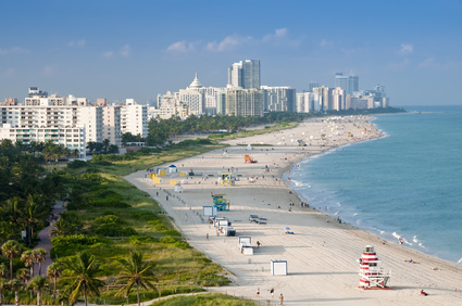 Aerial View or Miami Beach, condo units and art deco buildings with ocean view.